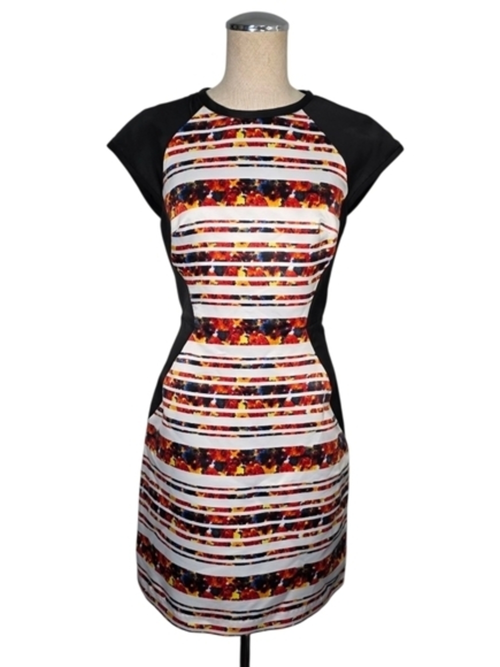 Floral Stripe Sheath Dress in Black and White - Picture 3 of 6